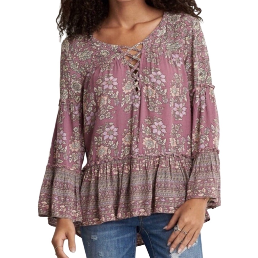 American Eagle Outfitters Pink Floral Tunic with Bell sleeves XS